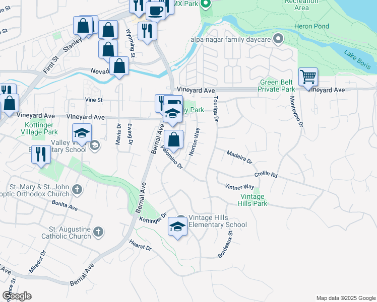map of restaurants, bars, coffee shops, grocery stores, and more near 633 Merlot Court in Pleasanton