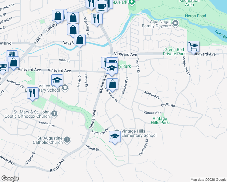 map of restaurants, bars, coffee shops, grocery stores, and more near 679 Concord Place in Pleasanton