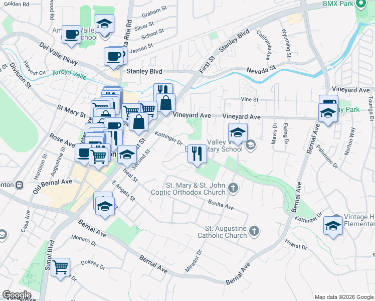 map of restaurants, bars, coffee shops, grocery stores, and more near 445 Kottinger Drive in Pleasanton