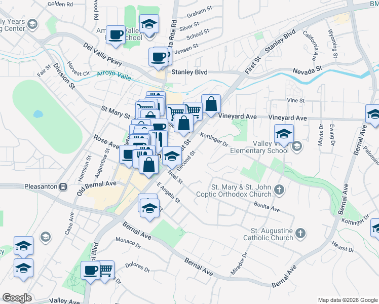 map of restaurants, bars, coffee shops, grocery stores, and more near 4389 Second Street in Pleasanton