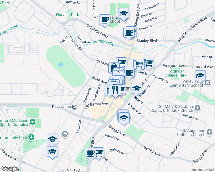 map of restaurants, bars, coffee shops, grocery stores, and more near 257 West Angela Street in Pleasanton