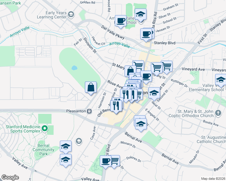map of restaurants, bars, coffee shops, grocery stores, and more near 361 West Angela Street in Pleasanton