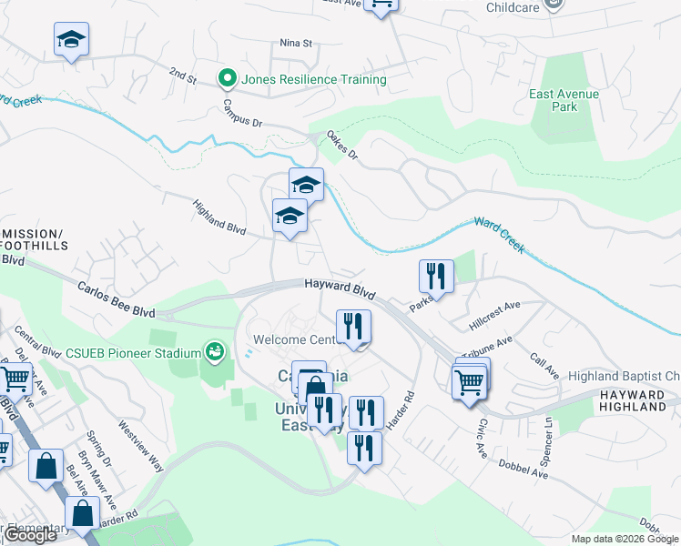 map of restaurants, bars, coffee shops, grocery stores, and more near 2107 Brandywine Place in Hayward