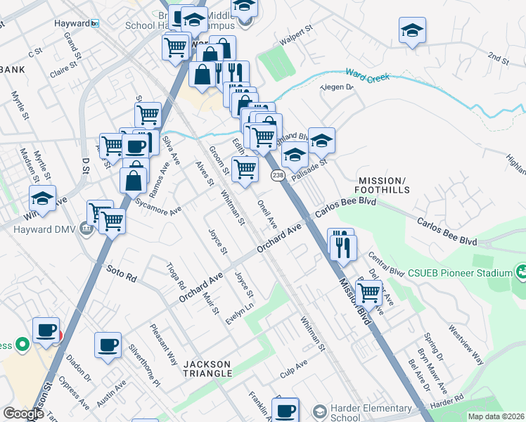 map of restaurants, bars, coffee shops, grocery stores, and more near 24778 Oneil Avenue in Hayward