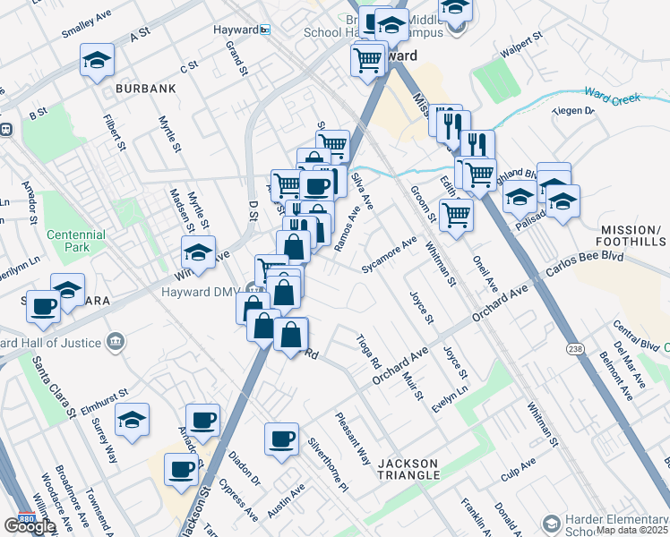 map of restaurants, bars, coffee shops, grocery stores, and more near 415 Sycamore Avenue in Hayward