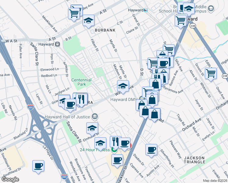 map of restaurants, bars, coffee shops, grocery stores, and more near 2372 Morrow Street in Hayward