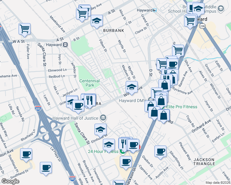 map of restaurants, bars, coffee shops, grocery stores, and more near 1133 Martin Luther King Drive in Hayward