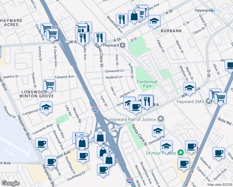 map of restaurants, bars, coffee shops, grocery stores, and more near in Hayward