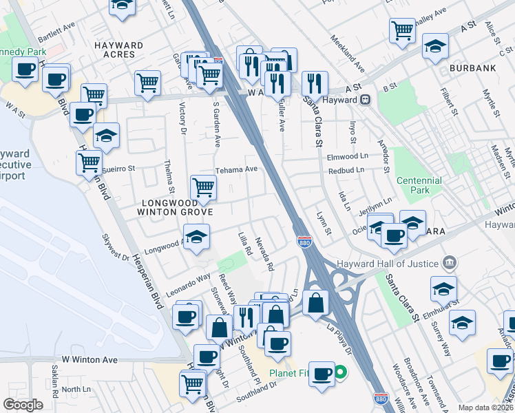 map of restaurants, bars, coffee shops, grocery stores, and more near 607 Longwood Avenue in Hayward