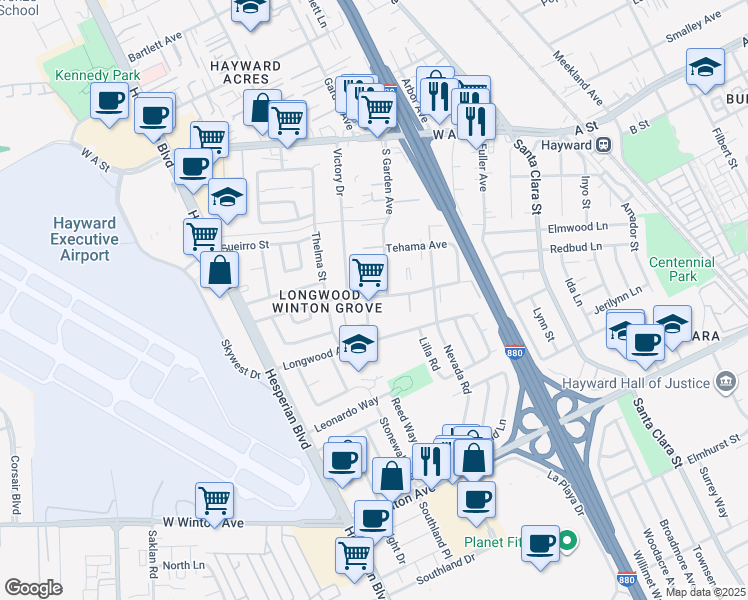 map of restaurants, bars, coffee shops, grocery stores, and more near 726 Marin Avenue in Hayward
