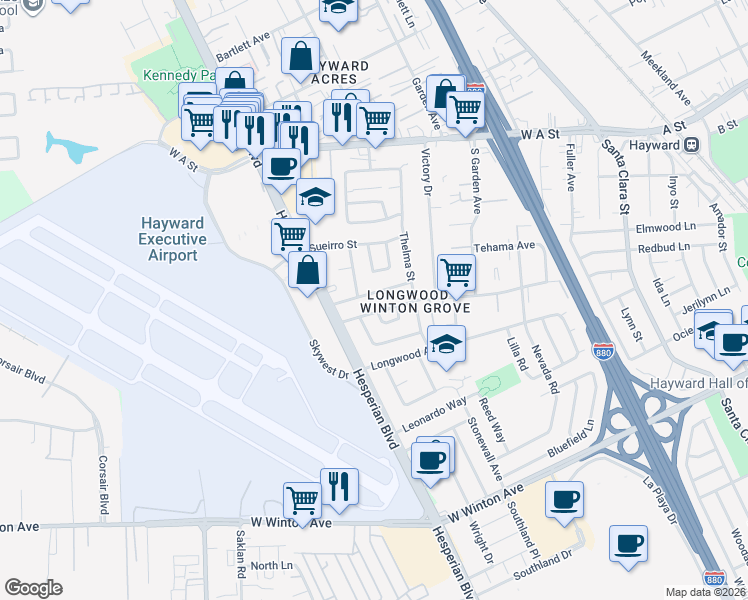 map of restaurants, bars, coffee shops, grocery stores, and more near 904 Lester Avenue in Hayward