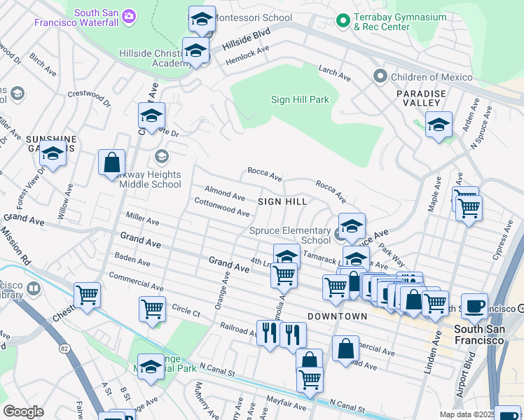 map of restaurants, bars, coffee shops, grocery stores, and more near 21 Lilac Lane in South San Francisco
