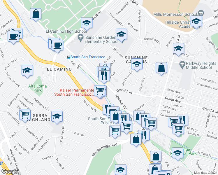 map of restaurants, bars, coffee shops, grocery stores, and more near 1110 Mission Road in South San Francisco