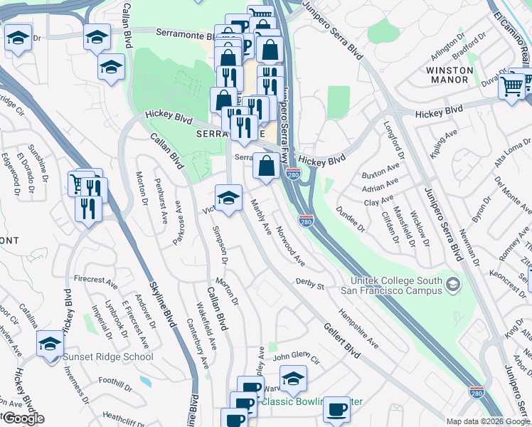 map of restaurants, bars, coffee shops, grocery stores, and more near 126 Marbly Avenue in Daly City