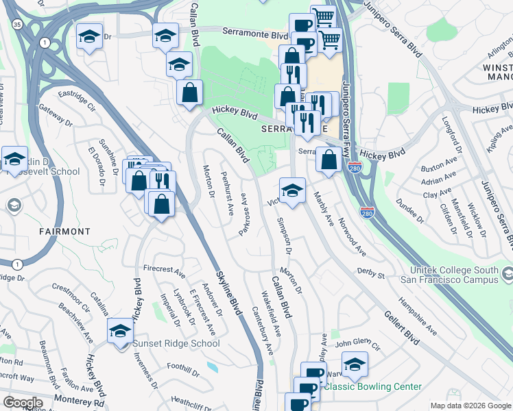 map of restaurants, bars, coffee shops, grocery stores, and more near 45 Parkrose Avenue in Daly City