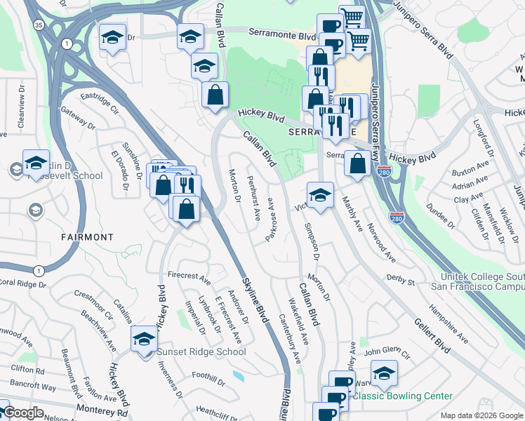 map of restaurants, bars, coffee shops, grocery stores, and more near 81 Morton Drive in Daly City