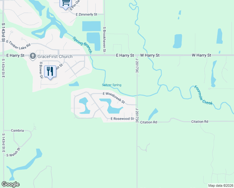 map of restaurants, bars, coffee shops, grocery stores, and more near 15802 East Woodcreek Street in Wichita
