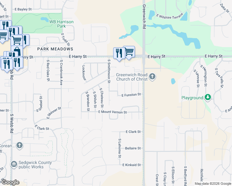 map of restaurants, bars, coffee shops, grocery stores, and more near 10821 East Funston Court in Wichita