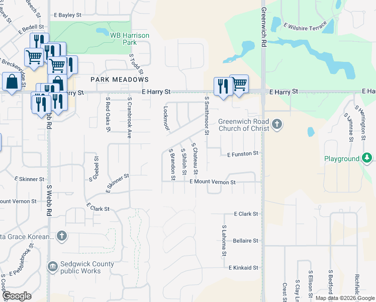 map of restaurants, bars, coffee shops, grocery stores, and more near 1819 South Shiloh Street in Wichita
