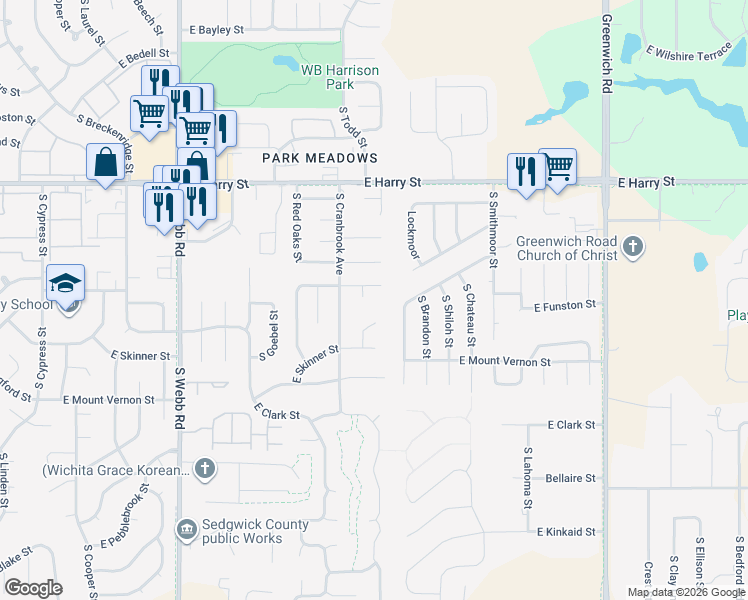 map of restaurants, bars, coffee shops, grocery stores, and more near 10231 Funston Court in Wichita
