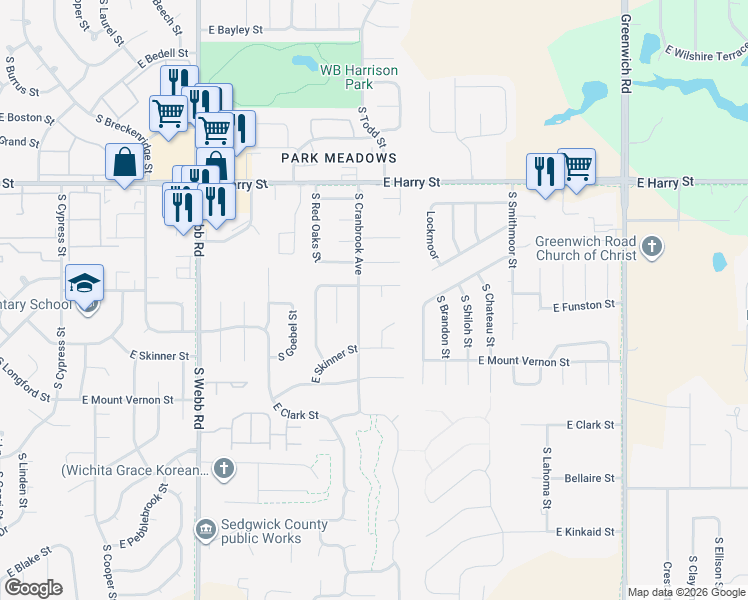 map of restaurants, bars, coffee shops, grocery stores, and more near 10231 Funston Court in Wichita