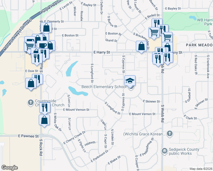 map of restaurants, bars, coffee shops, grocery stores, and more near 8904 East Funston Court in Wichita