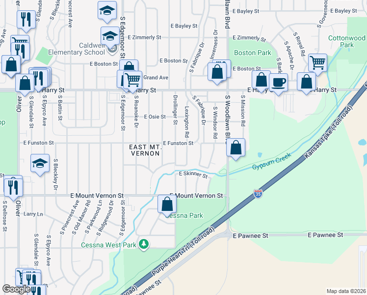 map of restaurants, bars, coffee shops, grocery stores, and more near 1813 South Lexington Road in Wichita
