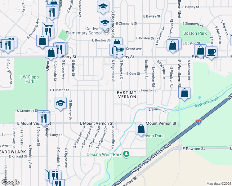 map of restaurants, bars, coffee shops, grocery stores, and more near 1813 Roanoke Street in Wichita