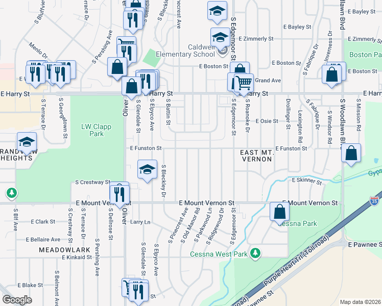 map of restaurants, bars, coffee shops, grocery stores, and more near 1814 S Pinecrest St in Wichita