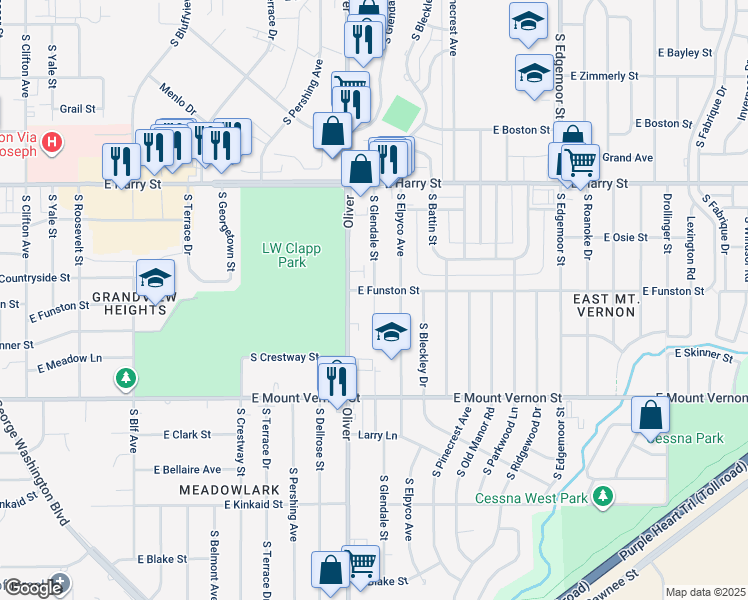 map of restaurants, bars, coffee shops, grocery stores, and more near 1819 South Glendale Street in Wichita