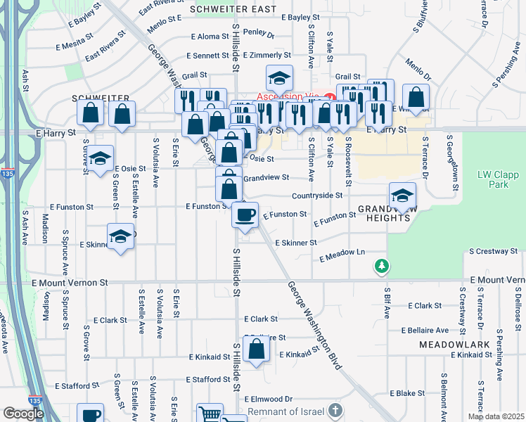 map of restaurants, bars, coffee shops, grocery stores, and more near 3410 East Funston Street in Wichita