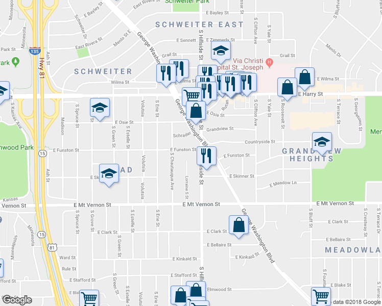map of restaurants, bars, coffee shops, grocery stores, and more near 1805 South Hillside Street in Wichita