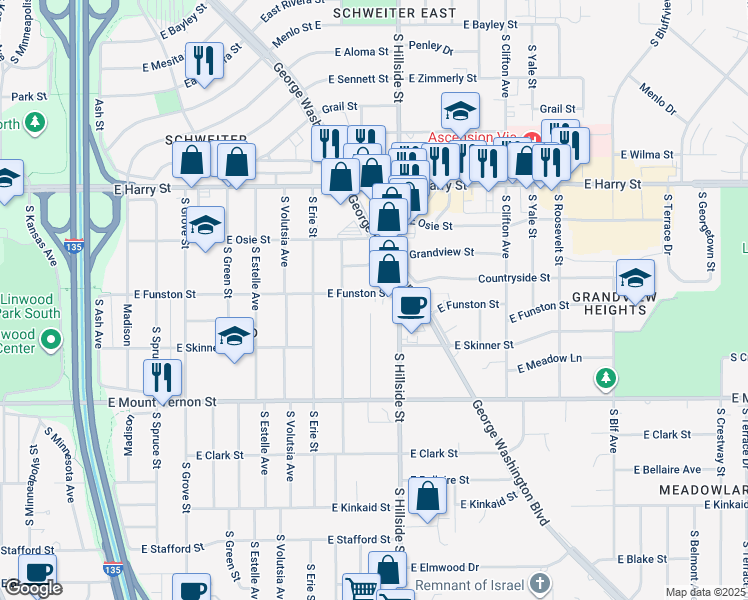 map of restaurants, bars, coffee shops, grocery stores, and more near 3011 East Funston Street in Wichita