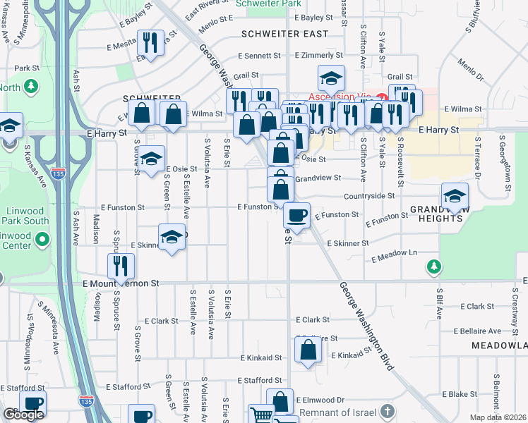 map of restaurants, bars, coffee shops, grocery stores, and more near 3011 East Funston Street in Wichita
