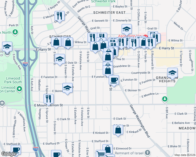map of restaurants, bars, coffee shops, grocery stores, and more near 3011 East Funston Street in Wichita