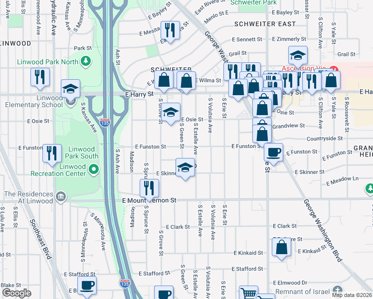 map of restaurants, bars, coffee shops, grocery stores, and more near 2523 East Funston Street in Wichita