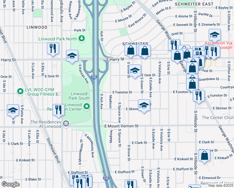 map of restaurants, bars, coffee shops, grocery stores, and more near 1811 South Spruce Street in Wichita