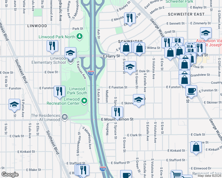 map of restaurants, bars, coffee shops, grocery stores, and more near 1811 South Spruce Street in Wichita