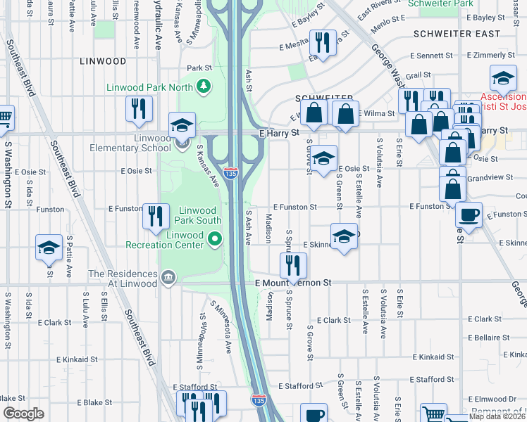 map of restaurants, bars, coffee shops, grocery stores, and more near 1811 South Madison Avenue in Wichita