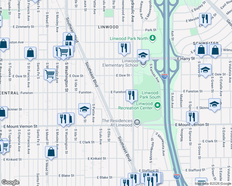 map of restaurants, bars, coffee shops, grocery stores, and more near 1805 Ellis South in Wichita