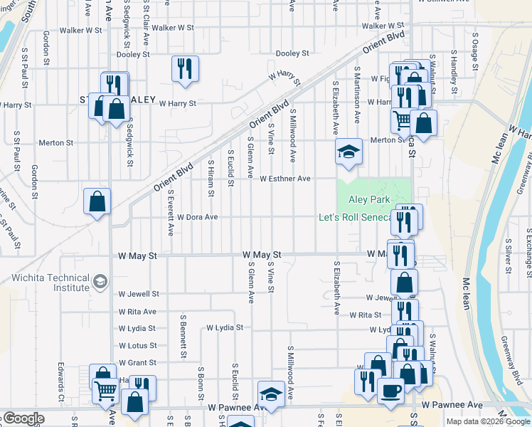 map of restaurants, bars, coffee shops, grocery stores, and more near 1855-1899 Dora Street in Wichita