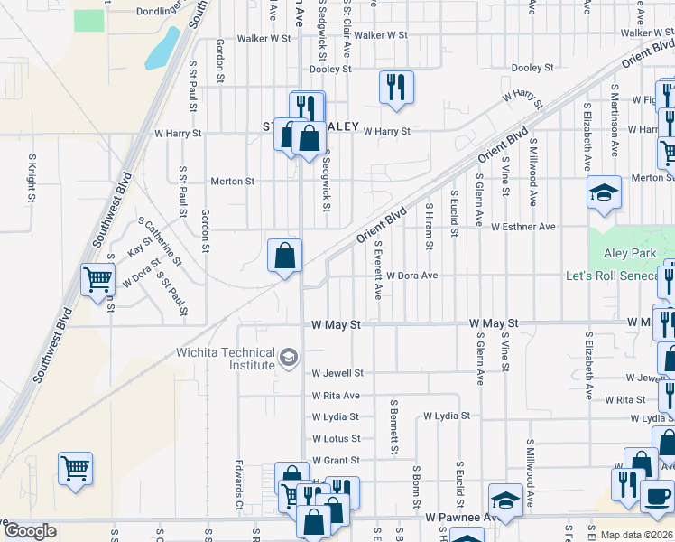 map of restaurants, bars, coffee shops, grocery stores, and more near 2400-2498 Dora Street in Wichita