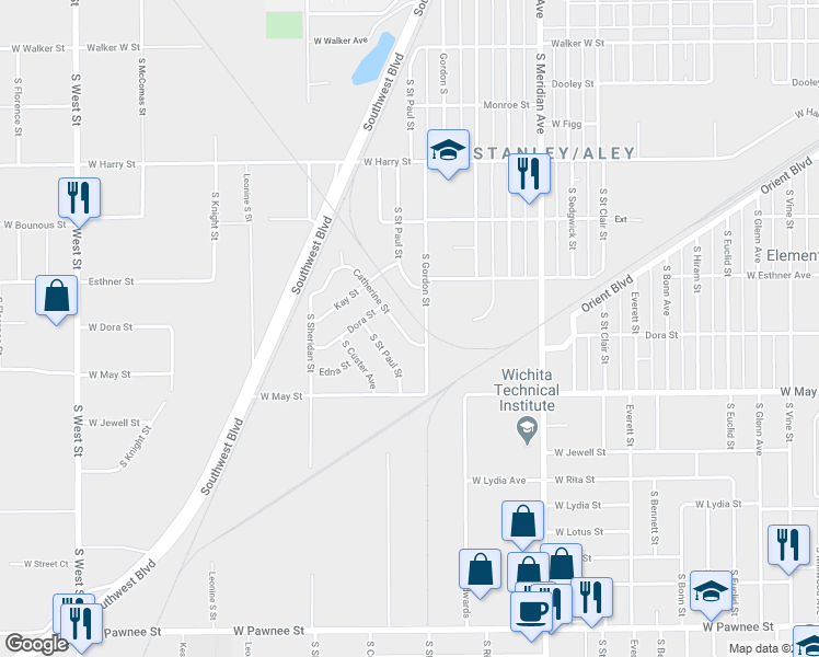 map of restaurants, bars, coffee shops, grocery stores, and more near 1850-1922 South Gordon Street in Wichita