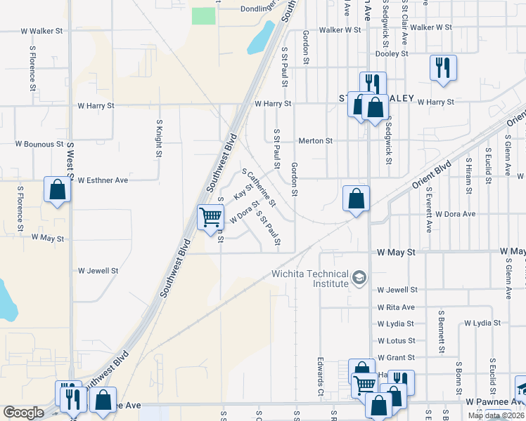 map of restaurants, bars, coffee shops, grocery stores, and more near 1925 Catherine Street in Wichita