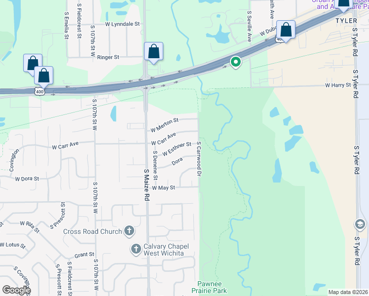 map of restaurants, bars, coffee shops, grocery stores, and more near 10205 West Esthner Avenue in Wichita