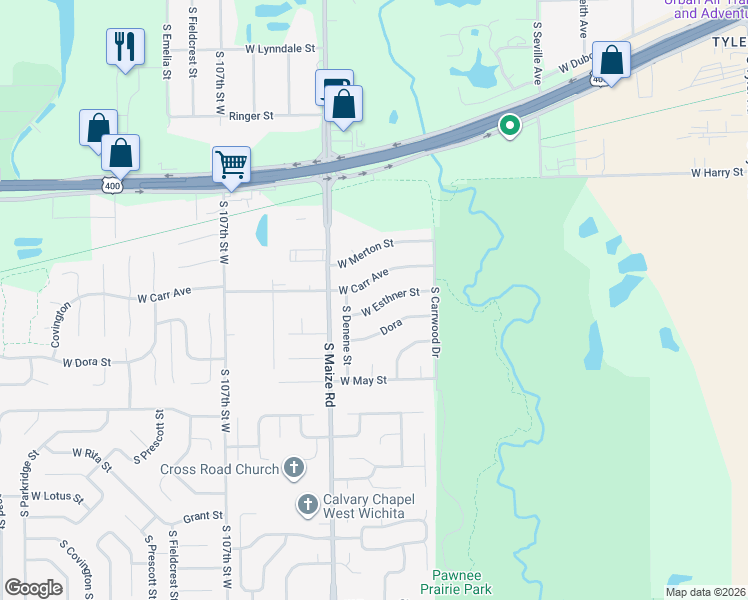 map of restaurants, bars, coffee shops, grocery stores, and more near 10205 West Esthner Avenue in Wichita