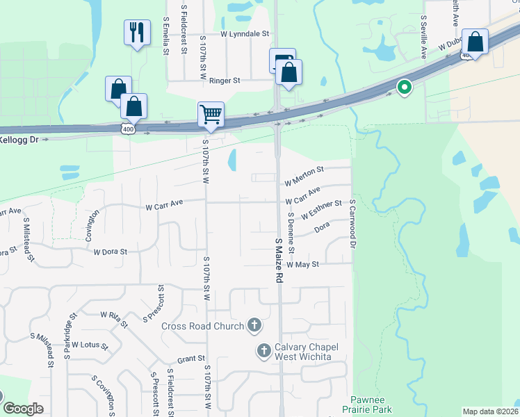 map of restaurants, bars, coffee shops, grocery stores, and more near 10529 West Carr Avenue in Wichita