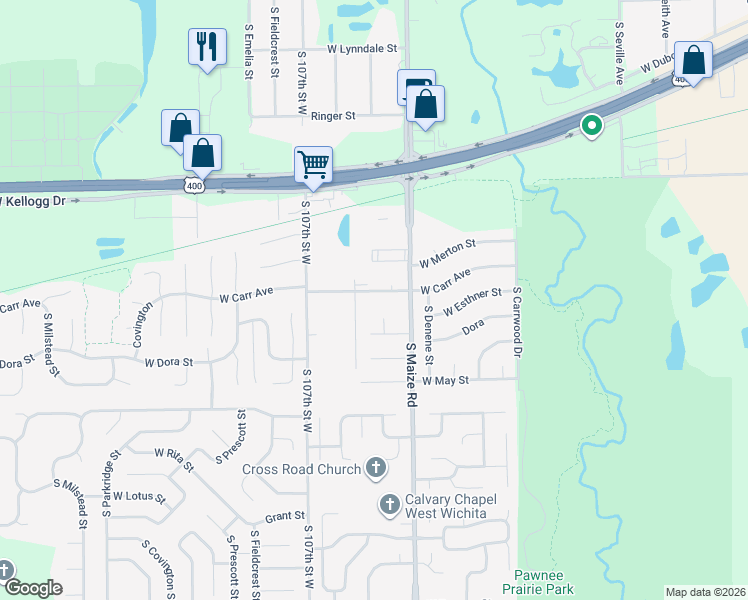map of restaurants, bars, coffee shops, grocery stores, and more near 10529 West Carr Avenue in Wichita