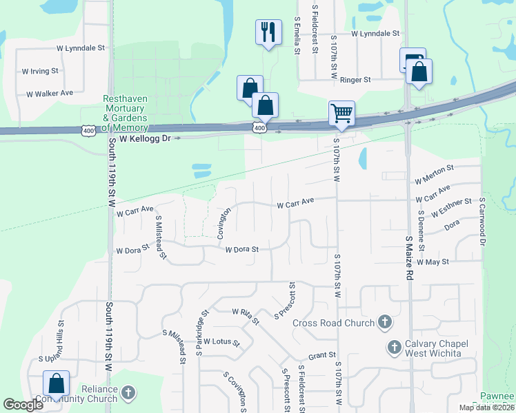 map of restaurants, bars, coffee shops, grocery stores, and more near 11205 West Carr Court in Wichita