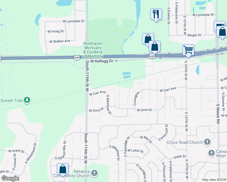 map of restaurants, bars, coffee shops, grocery stores, and more near 11707 West Carr Circle in Wichita